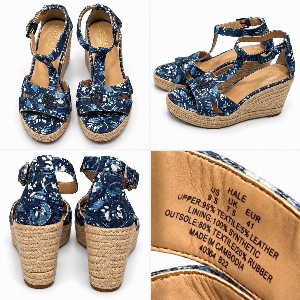 Lauren Ralph Lauren Hale Womens 9.5 Blue Floral Espadrille Platform Wedge Sandal